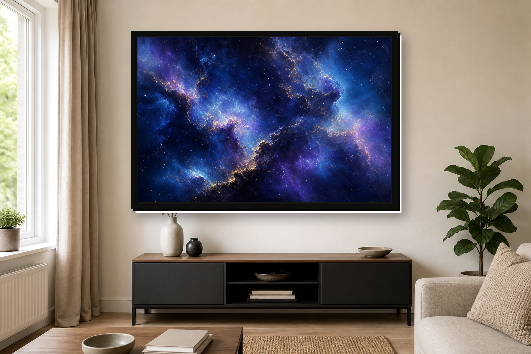 Deep Space Nebula abstract floating framed canvas in a modern room setting