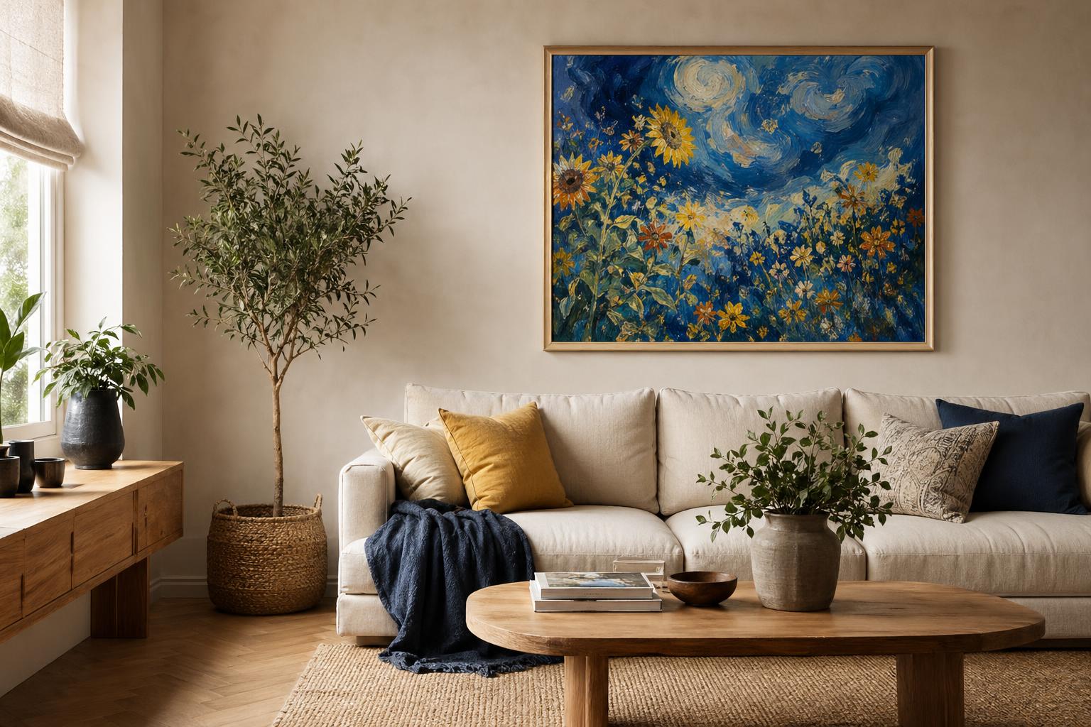 Van Gogh inspired wall art in a stylish living room