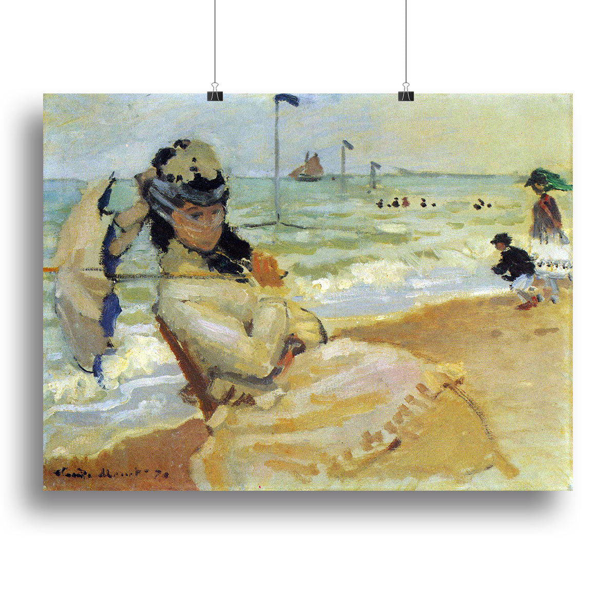 Camille on the beach at Trouville by Monet Poster - Unframed