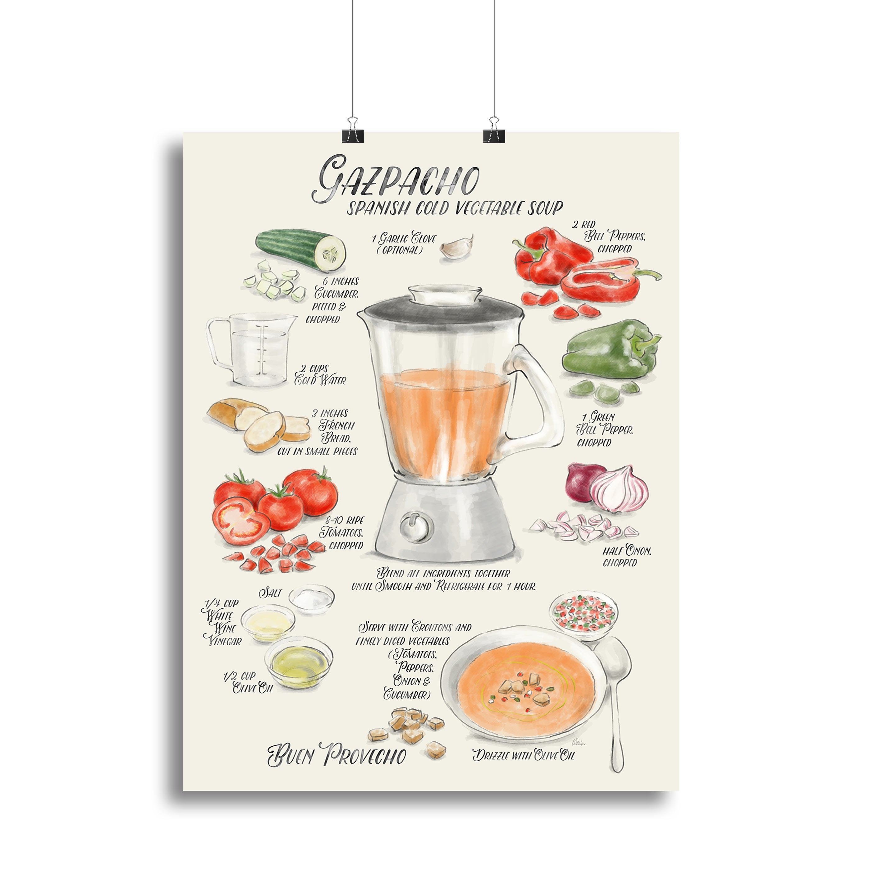 Gazpacho illustrated recipe in English Canvas Print or Poster - Canvas Art Rocks - 2