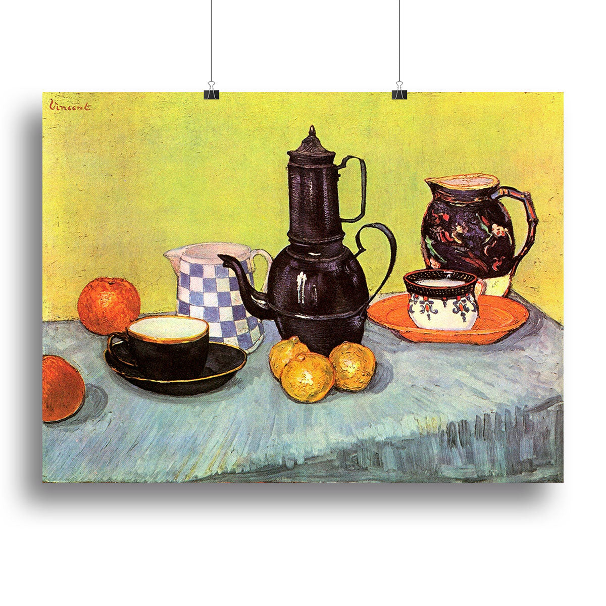 Still Life Blue Enamel Coffeepot Earthenware and Fruit by Van Gogh Poster - Unframed