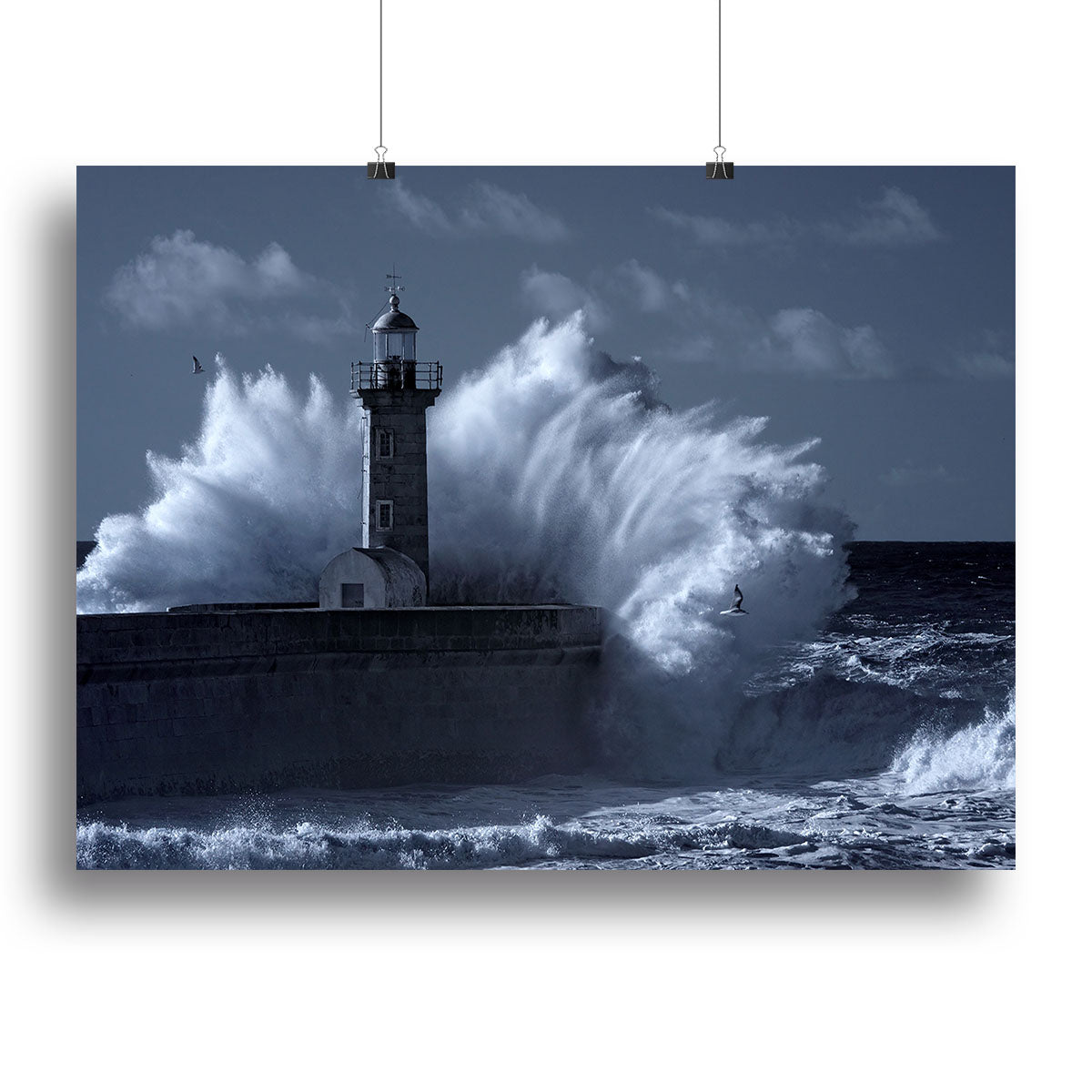 Stormy waves over old lighthouse Poster - Unframed