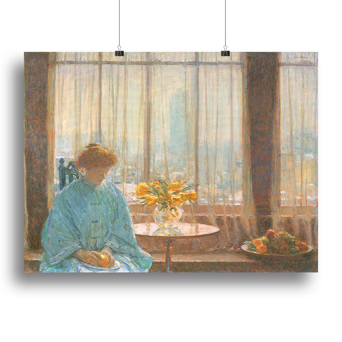 The breakfast room winter morning by Hassam Poster - Unframed