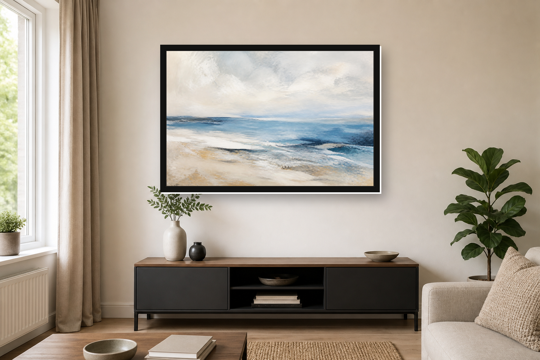 Abstract Coastal Horizon Blue Sand Floating Framed Canvas