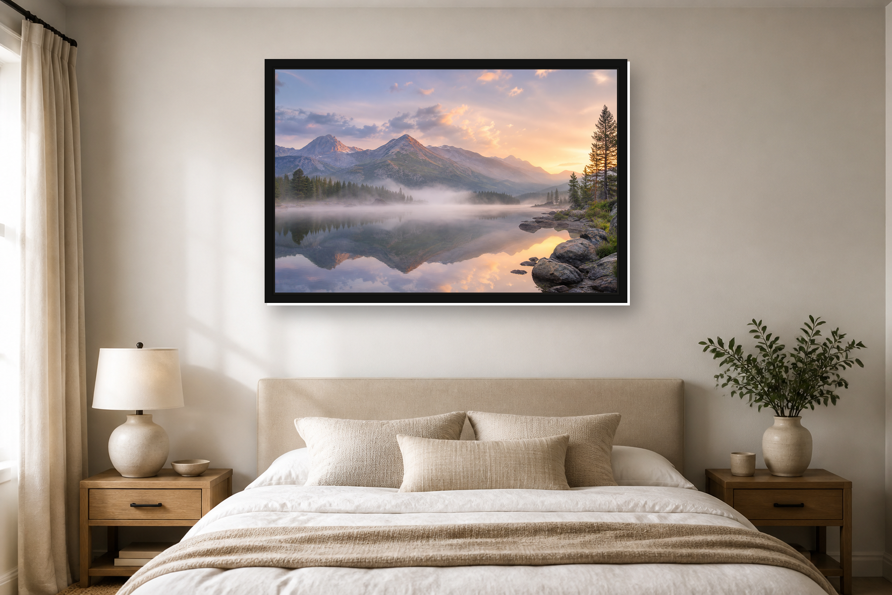 Misty Mountain Lake Sunrise Floating Framed Canvas