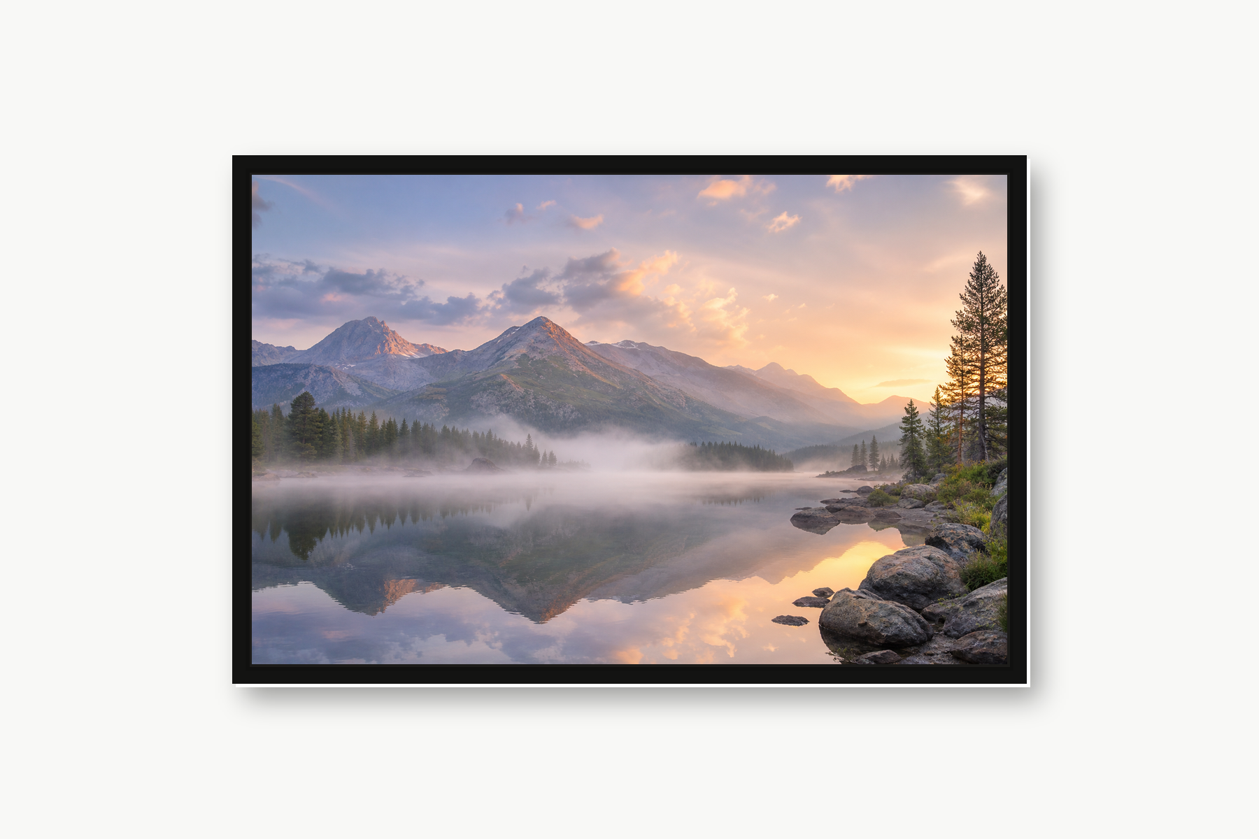 Misty Mountain Lake Sunrise Floating Framed Canvas