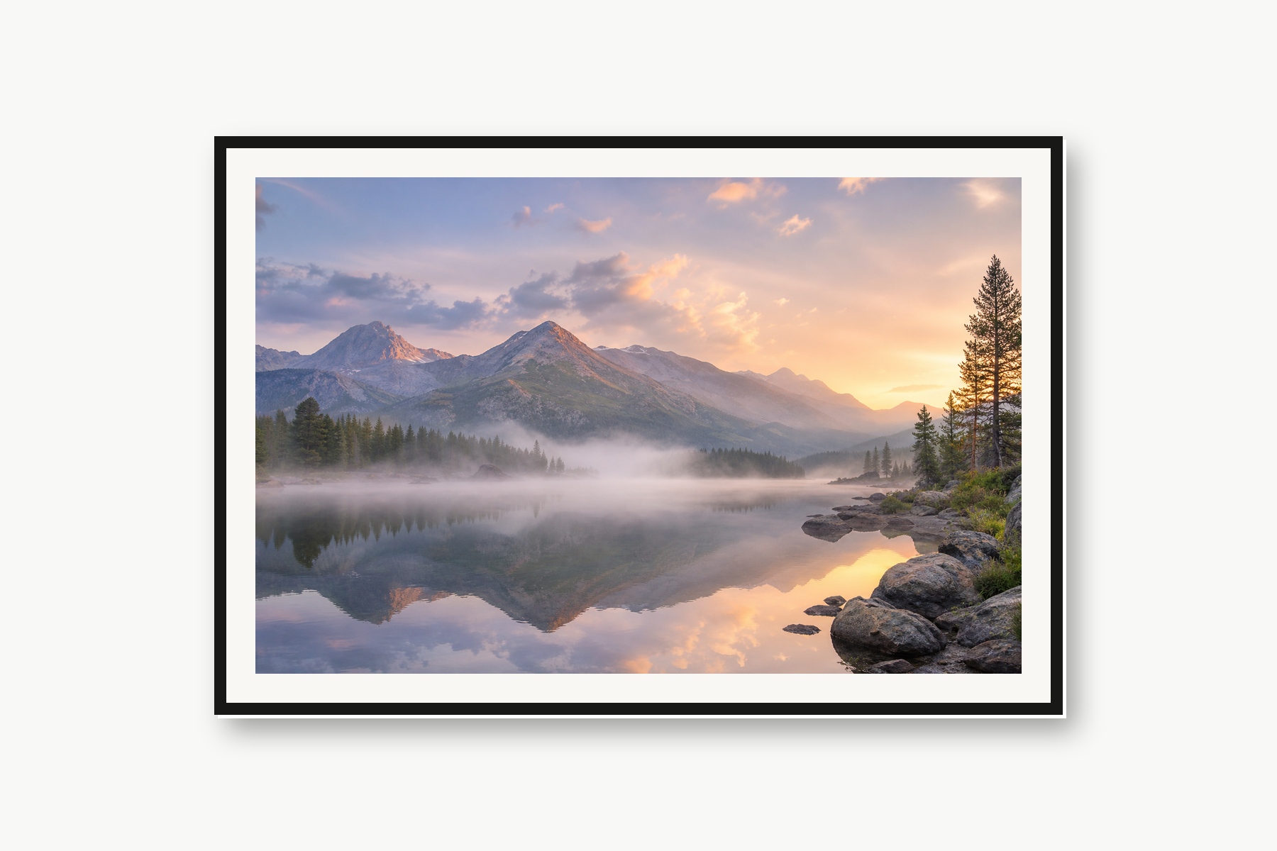Misty Mountain Lake Sunrise Framed Print or Poster