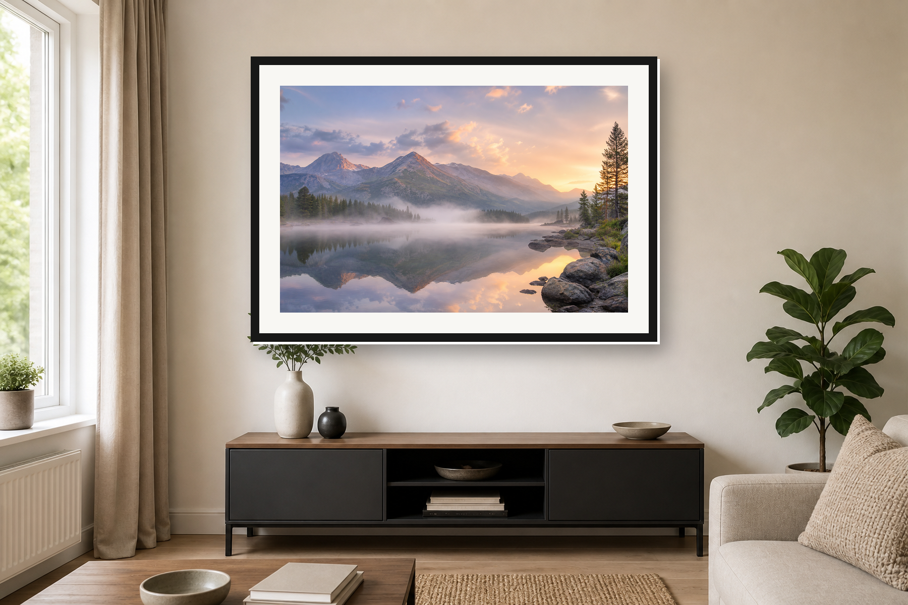 Misty Mountain Lake Sunrise Framed Print or Poster