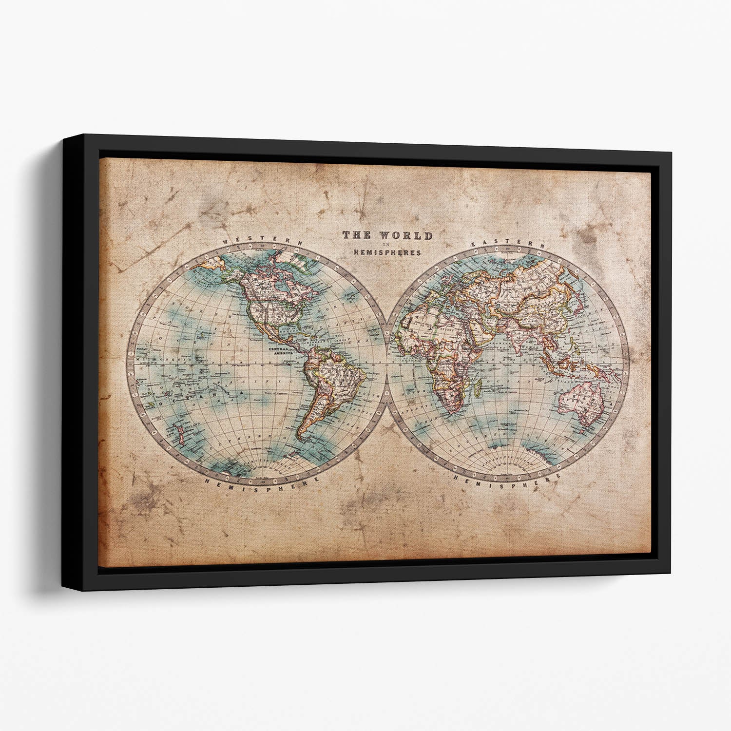 A genuine old stained World map Floating Framed Canvas