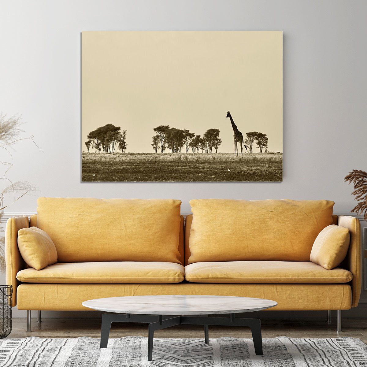 African landscape with giraffe in black and white Canvas Print or Poster - Canvas Art Rocks - 4