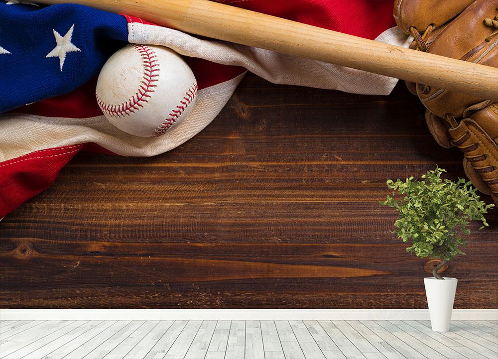 American flag with vintage baseball Wall Mural Wallpaper - Canvas Art Rocks - 4