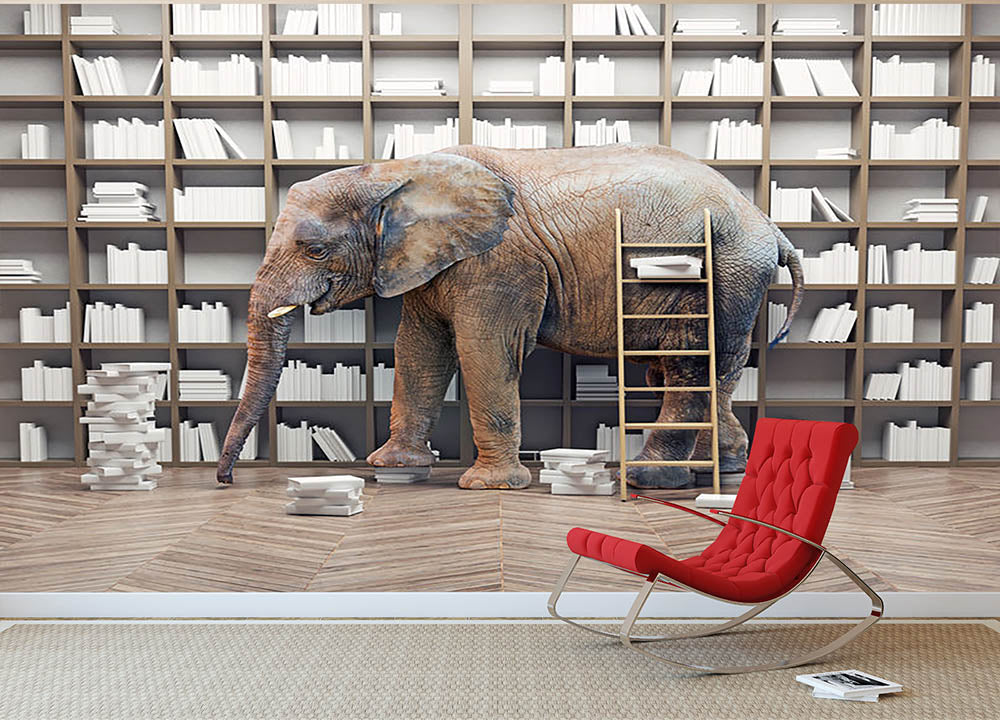 An elephant in the room with book shelves Wall Mural Wallpaper - Canvas Art Rocks - 2