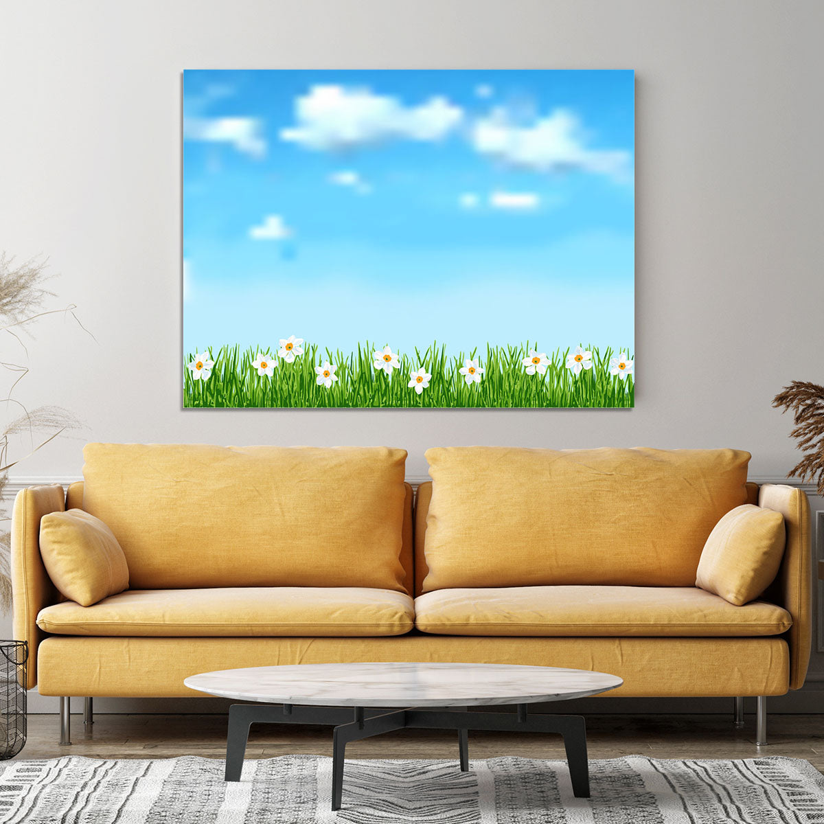 Background with grass and white flowers Canvas Print or Poster - Canvas Art Rocks - 4