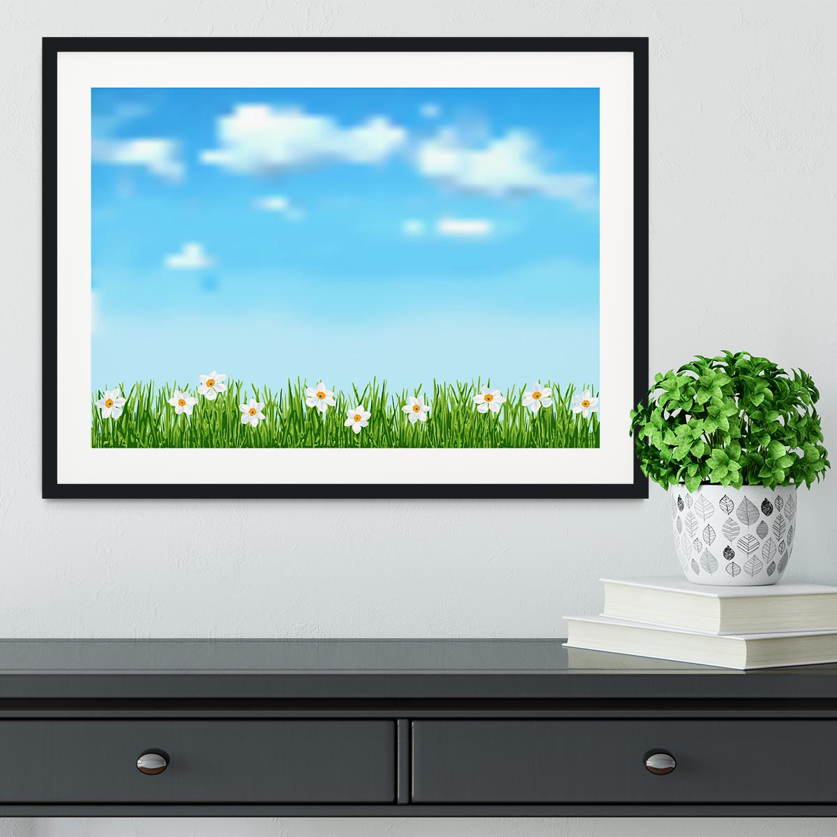 Background with grass and white flowers Framed Print - Canvas Art Rocks - 1