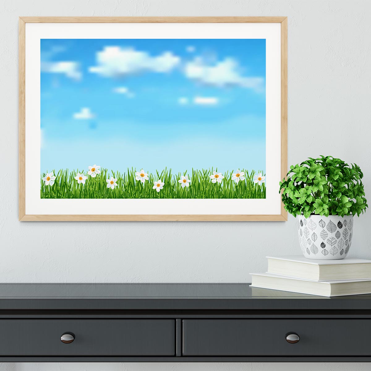 Background with grass and white flowers Framed Print - Canvas Art Rocks - 3
