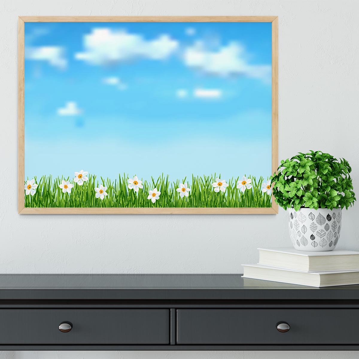 Background with grass and white flowers Framed Print - Canvas Art Rocks - 4