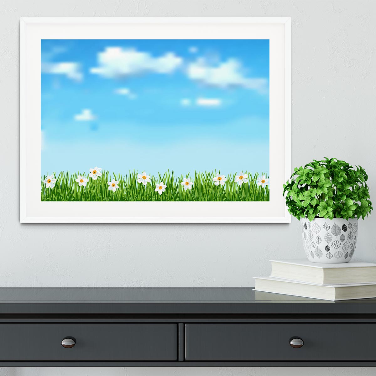 Background with grass and white flowers Framed Print - Canvas Art Rocks - 5