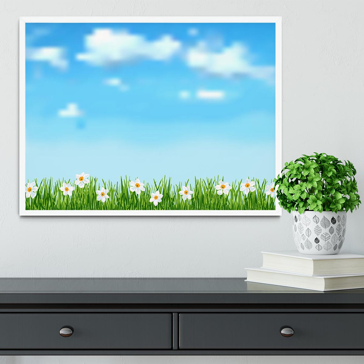 Background with grass and white flowers Framed Print - Canvas Art Rocks -6