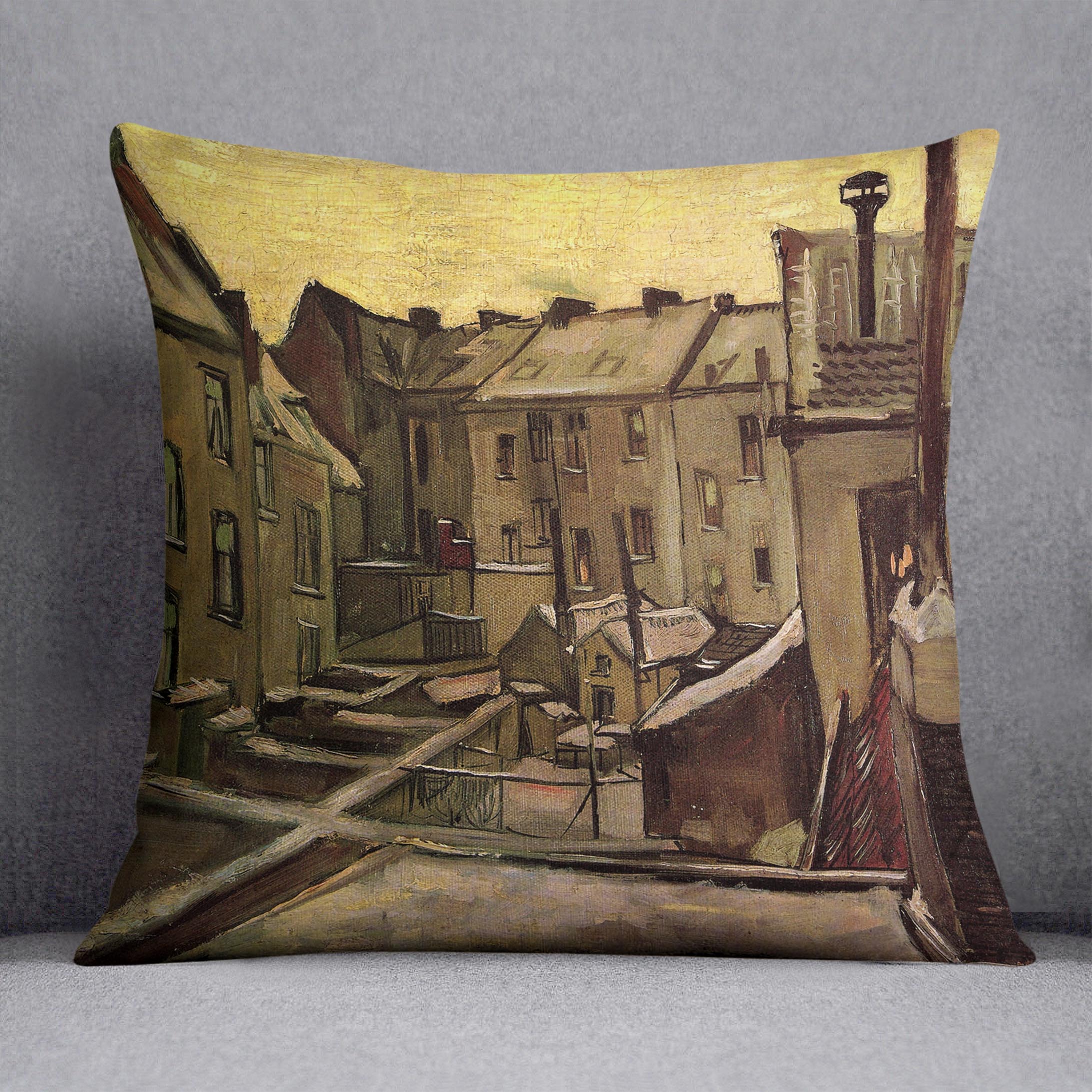 Backyards of Old Houses in Antwerp in the Snow by Van Gogh Cushion