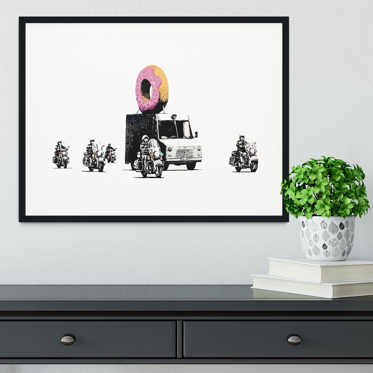 Banksy Doughnut Police Escort Framed Print - Canvas Art Rocks - 1