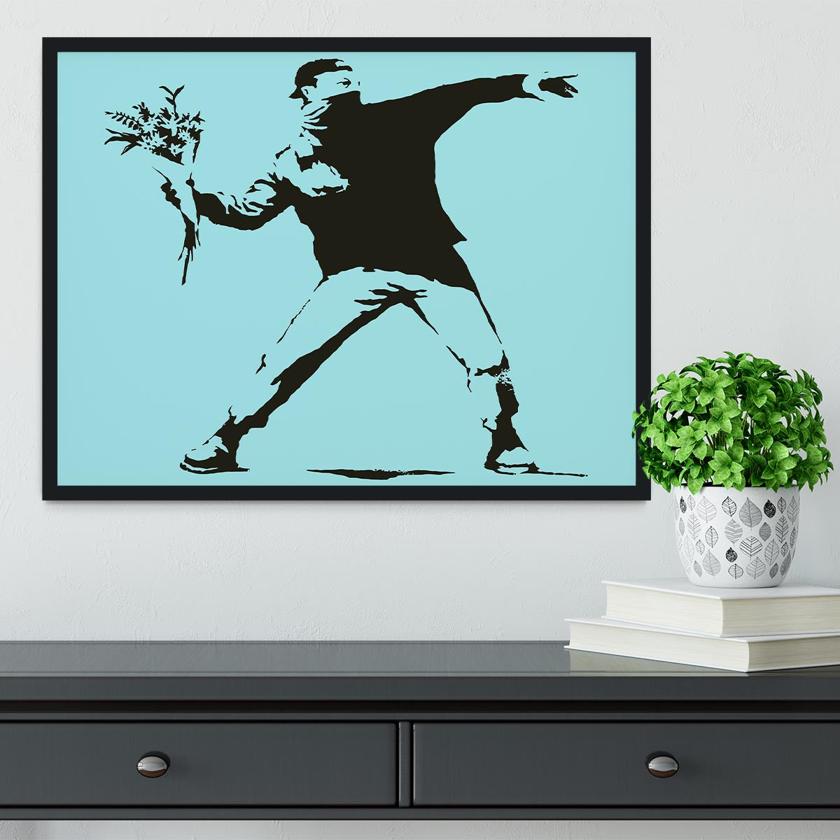 Banksy Flower Thrower Light Blue Framed Print - Canvas Art Rocks - 2