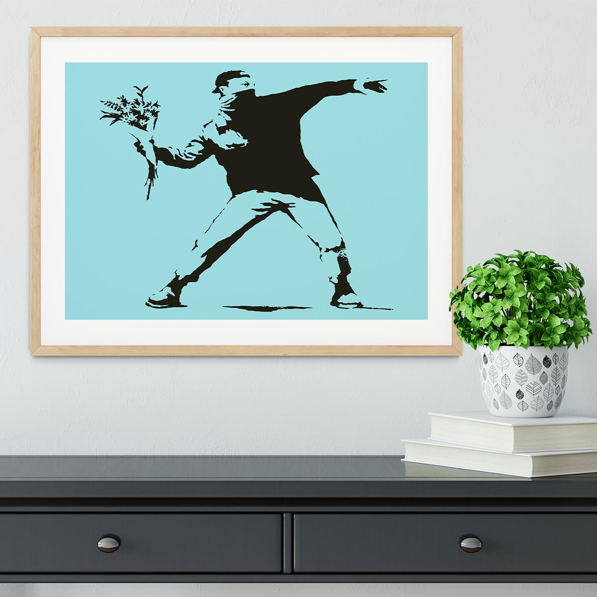 Banksy Flower Thrower Light Blue Framed Print - Canvas Art Rocks - 3