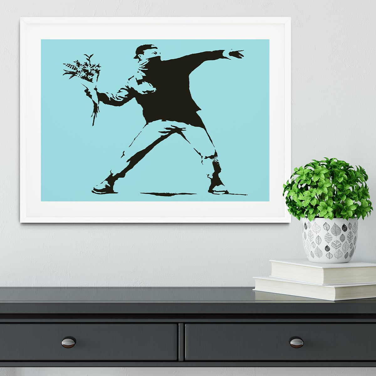 Banksy Flower Thrower Light Blue Framed Print - Canvas Art Rocks - 5