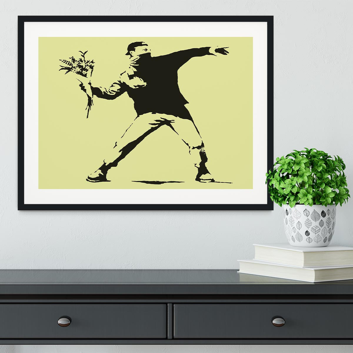 Banksy Flower Thrower Yellow Framed Print - Canvas Art Rocks - 1