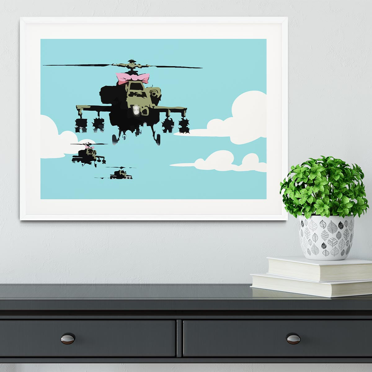 Banksy Friendly Helicopters Light Blue Framed Print - Canvas Art Rocks - 5
