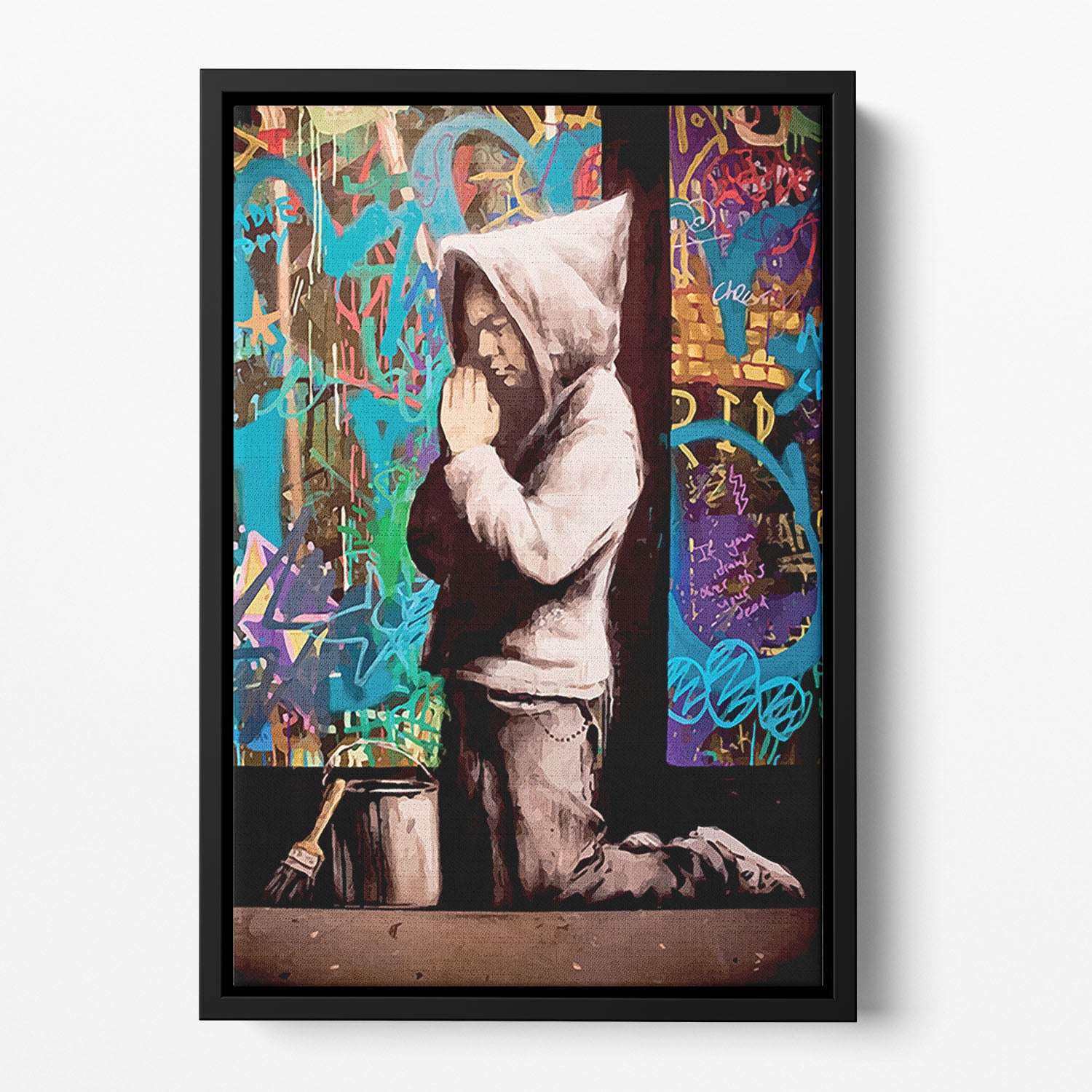 Banksy Graffiti Pray Floating Framed Canvas