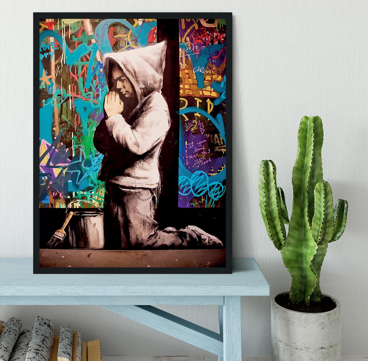 Banksy Graffiti Pray Framed Print - Canvas Art Rocks - 2