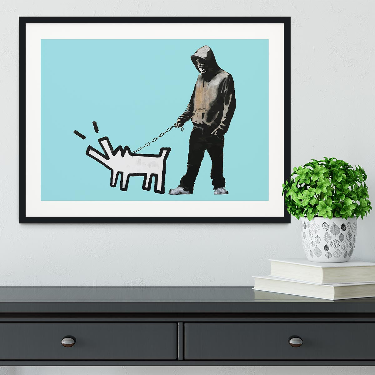 Banksy Keith Haring Dog Light Blue Framed Print - Canvas Art Rocks - 1