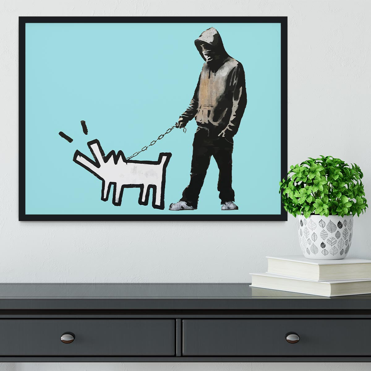 Banksy Keith Haring Dog Light Blue Framed Print - Canvas Art Rocks - 2