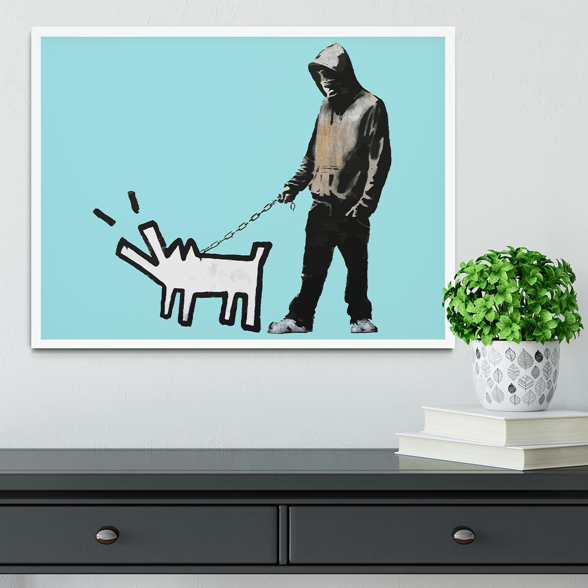 Banksy Keith Haring Dog Light Blue Framed Print - Canvas Art Rocks -6