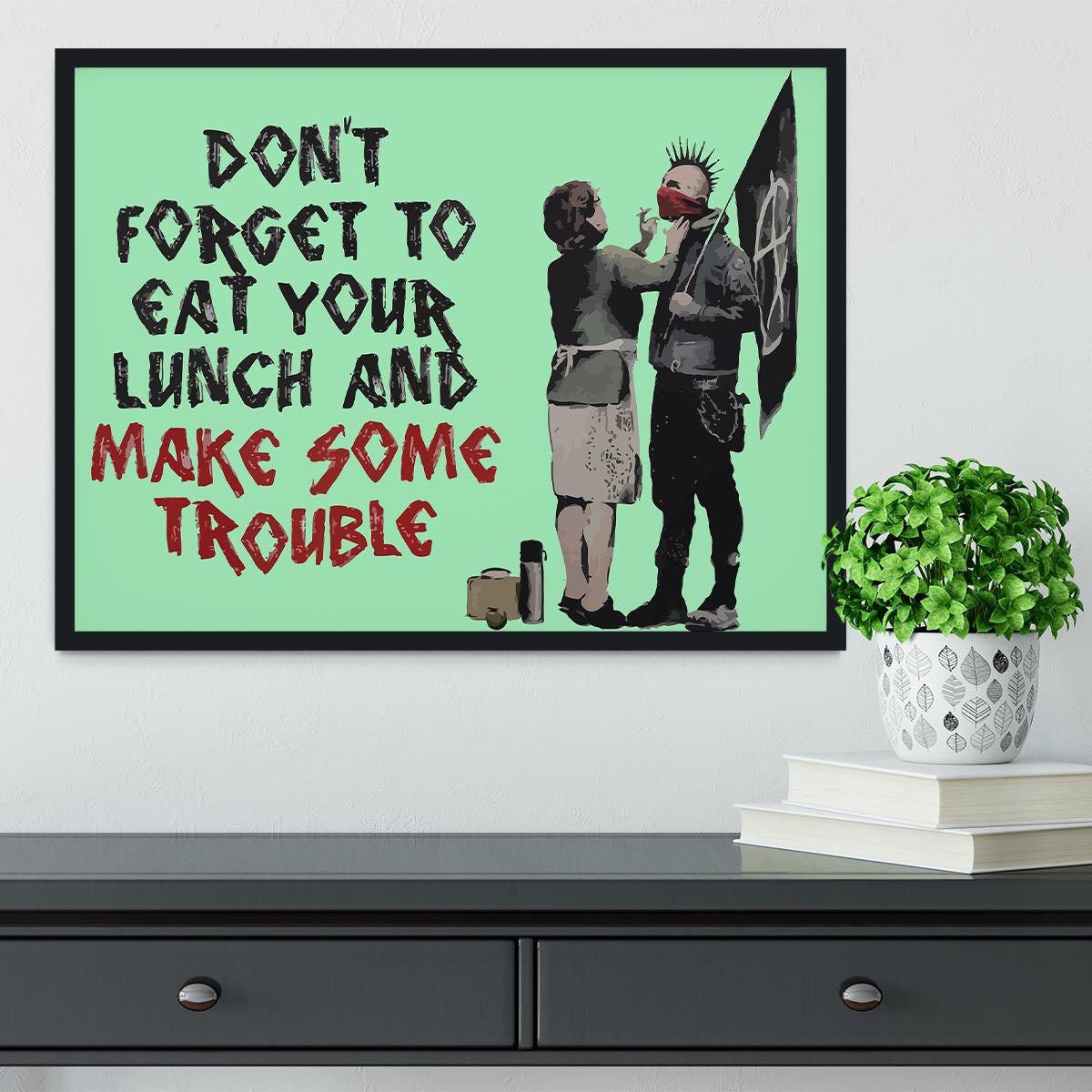 Banksy Make Some Trouble Green Framed Print - Canvas Art Rocks - 2