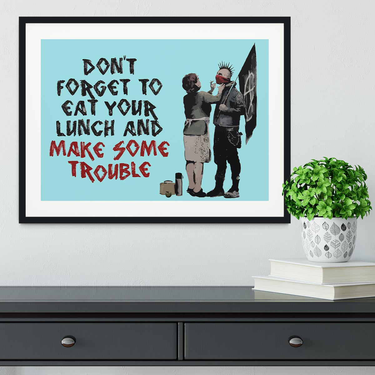 Banksy Make Some Trouble Light Blue Framed Print - Canvas Art Rocks - 1