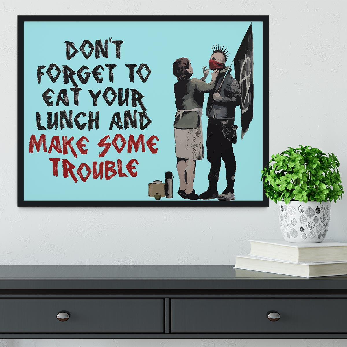 Banksy Make Some Trouble Light Blue Framed Print - Canvas Art Rocks - 2