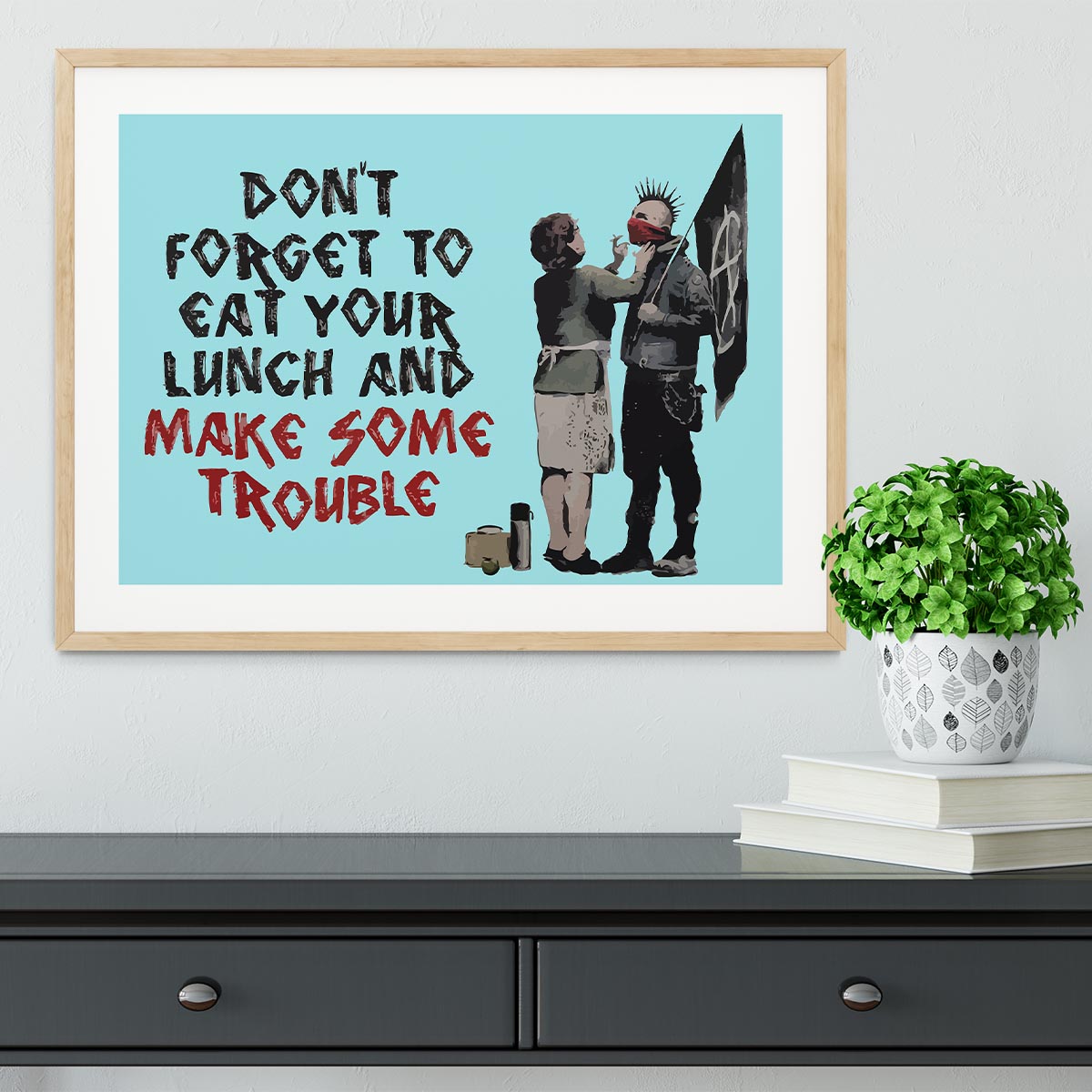 Banksy Make Some Trouble Light Blue Framed Print - Canvas Art Rocks - 3