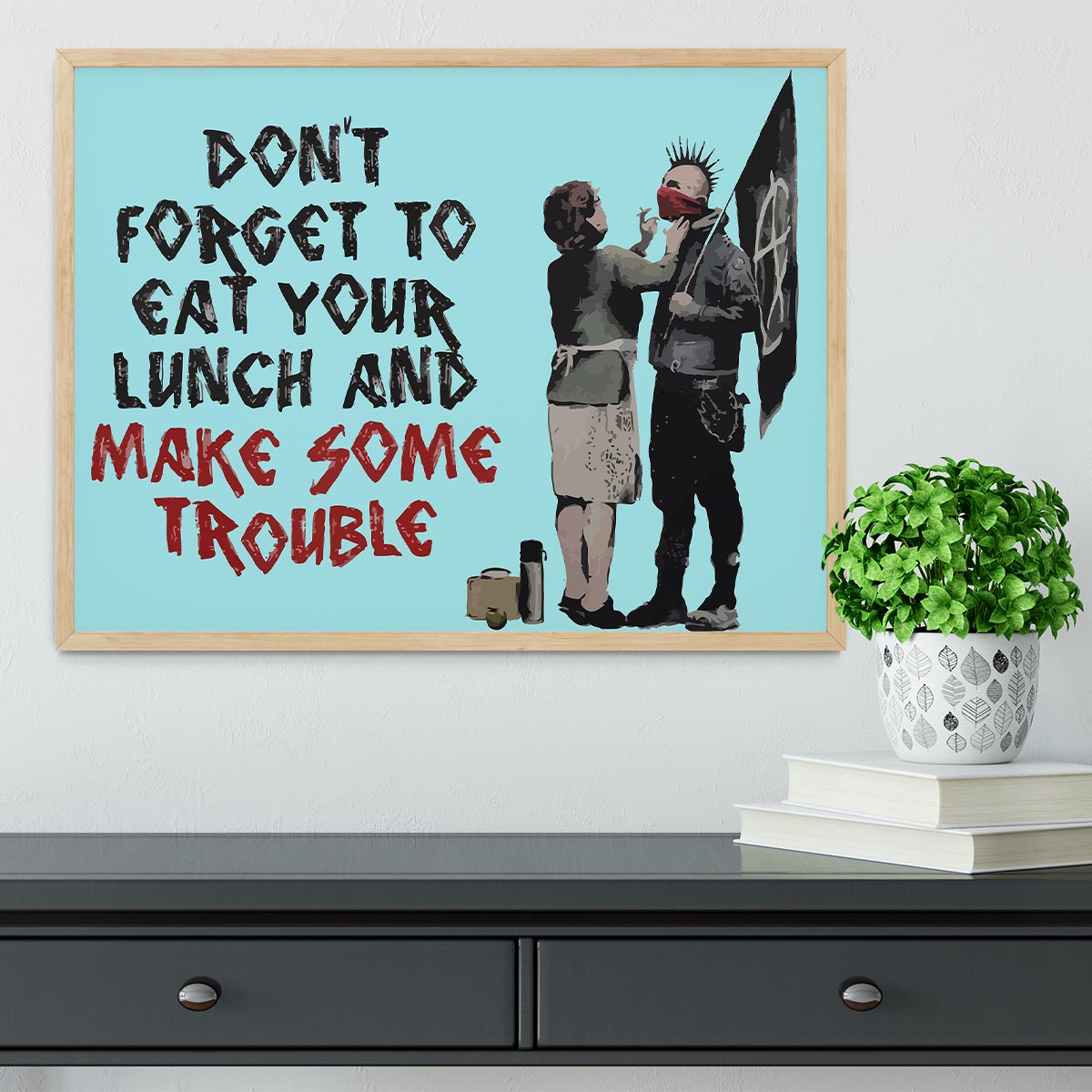 Banksy Make Some Trouble Light Blue Framed Print - Canvas Art Rocks - 4