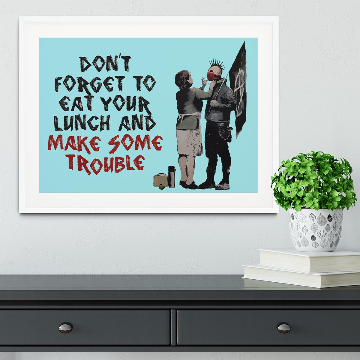 Banksy Make Some Trouble Light Blue Framed Print - Canvas Art Rocks - 5