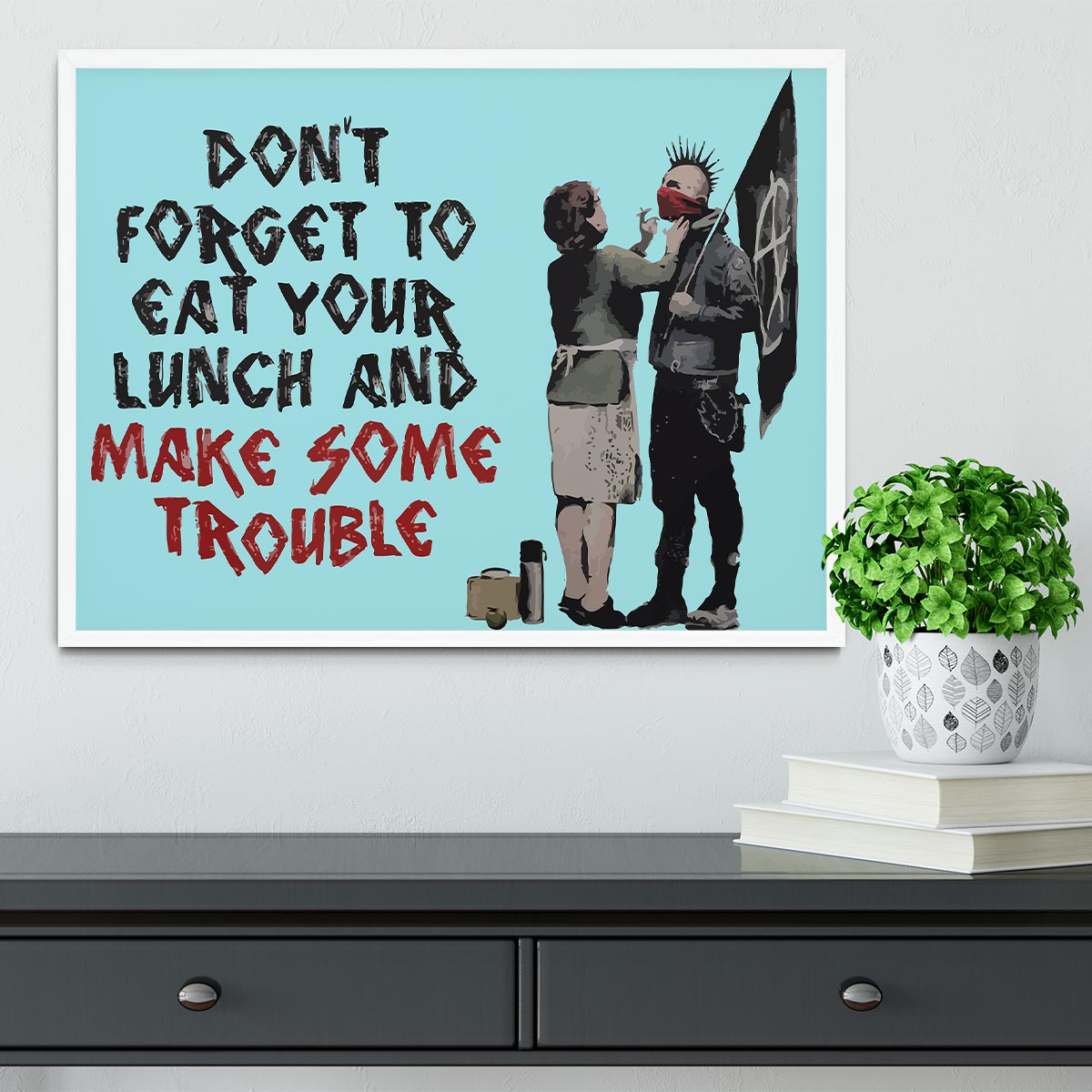 Banksy Make Some Trouble Light Blue Framed Print - Canvas Art Rocks -6
