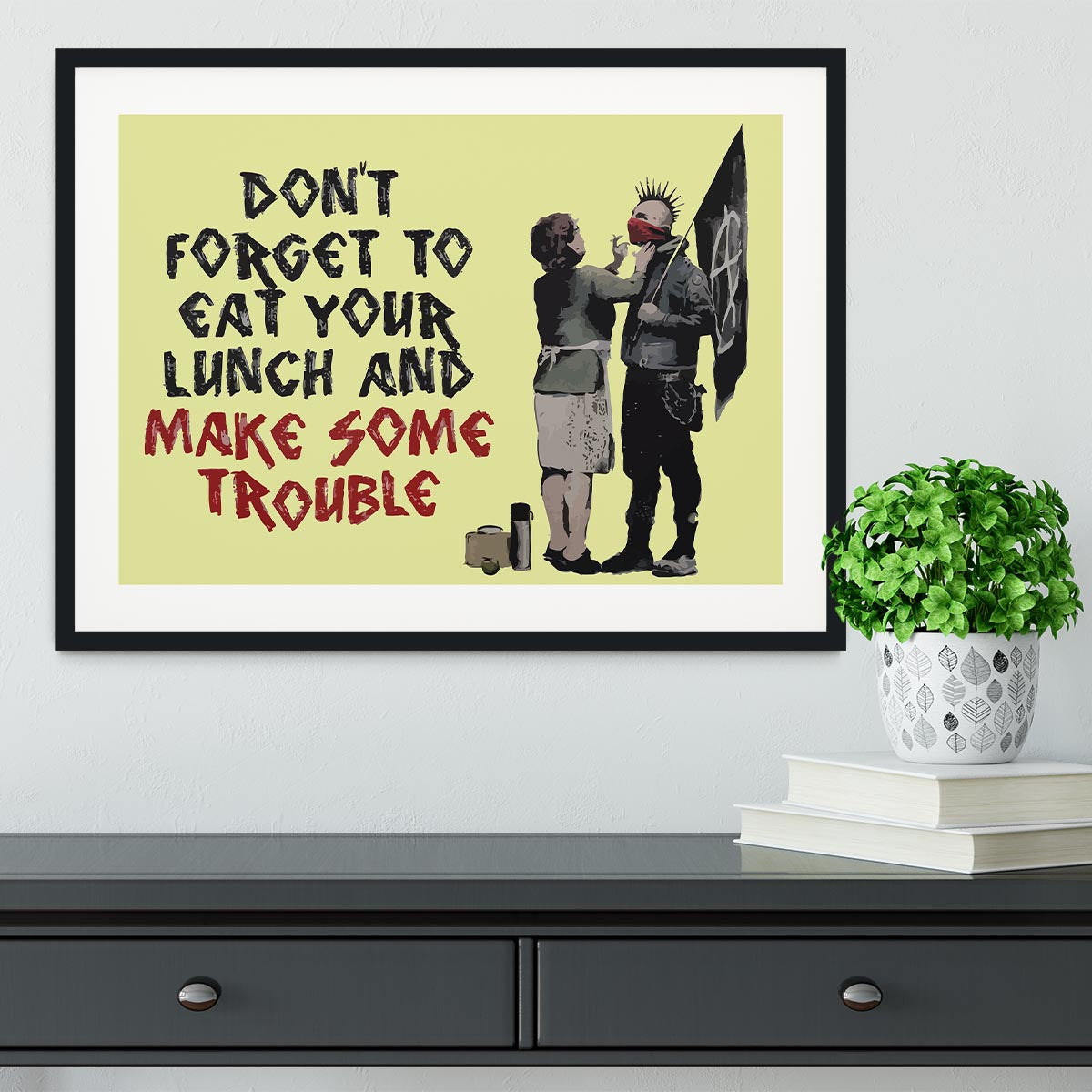 Banksy Make Some Trouble Yellow Framed Print - Canvas Art Rocks - 1
