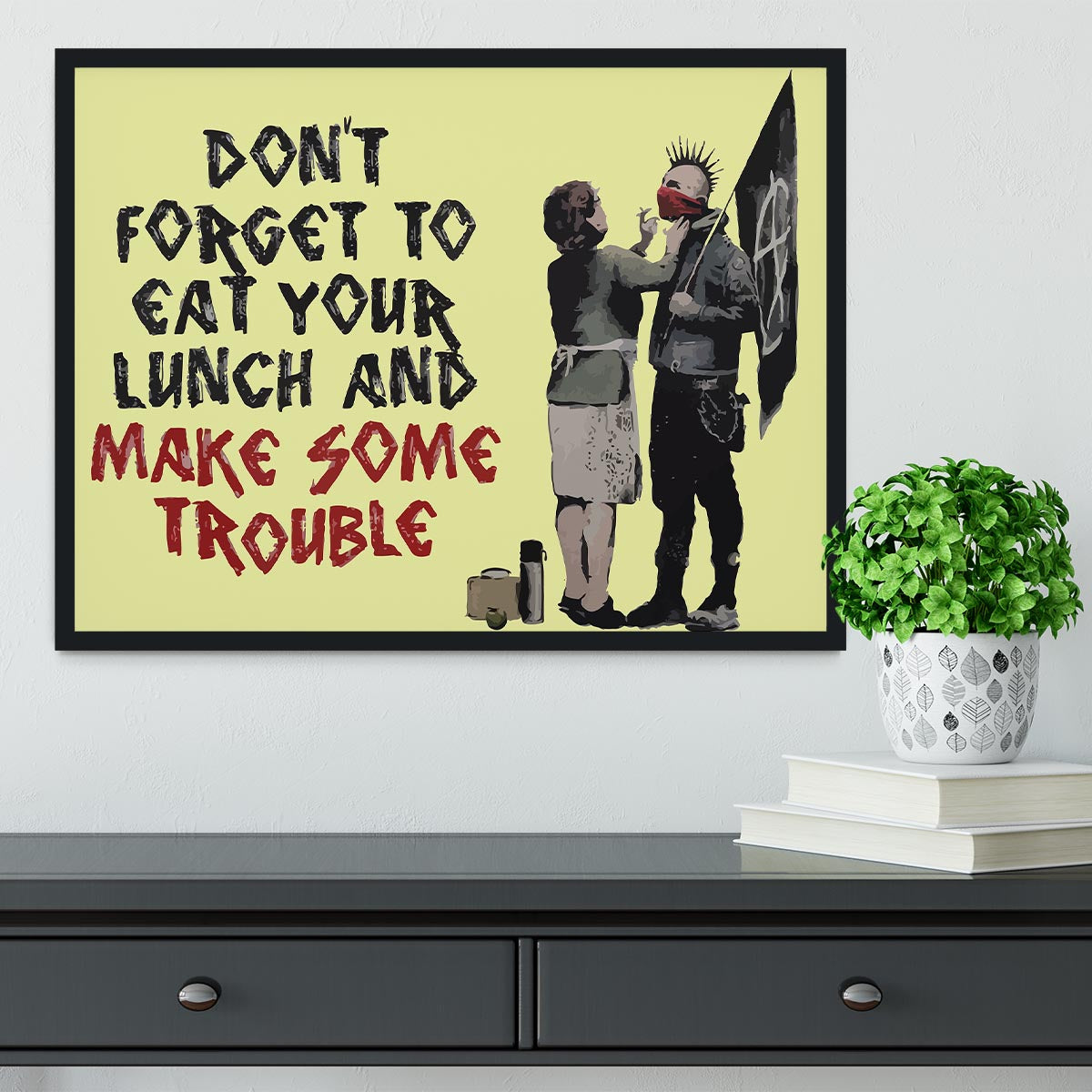 Banksy Make Some Trouble Yellow Framed Print - Canvas Art Rocks - 2