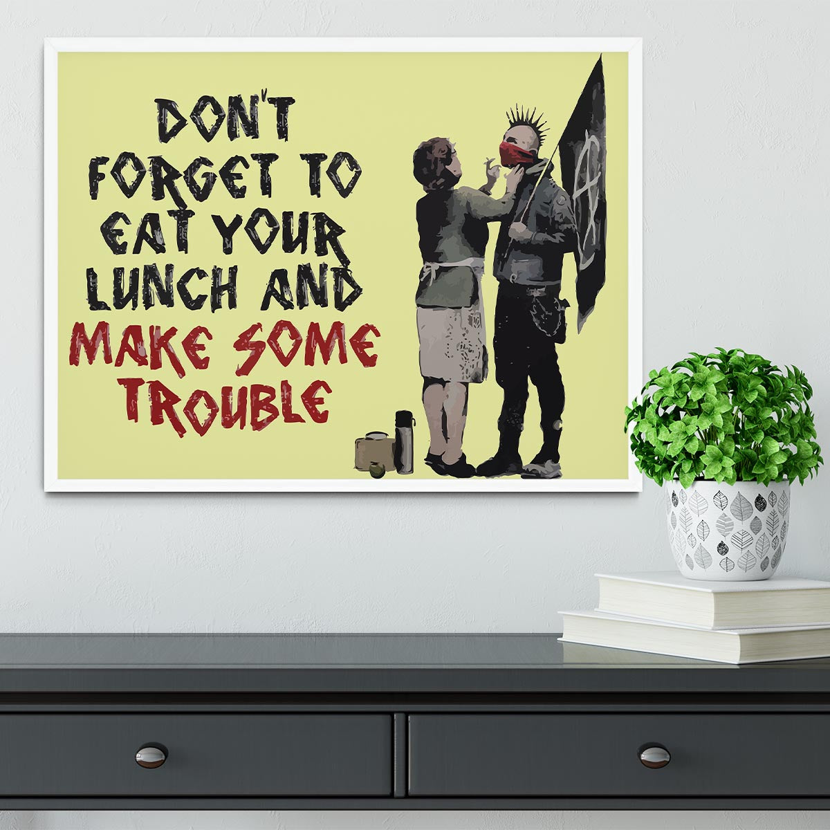 Banksy Make Some Trouble Yellow Framed Print - Canvas Art Rocks -6