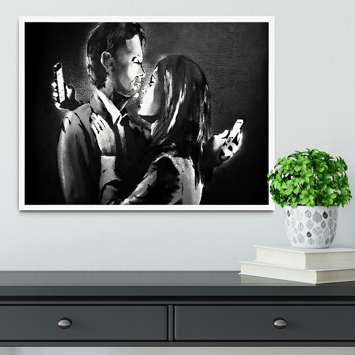 Banksy Mobile Lovers Framed Print - Canvas Art Rocks -6