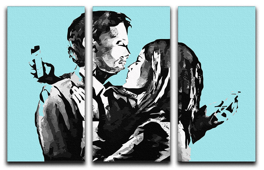 Banksy Mobile Lovers Light Blue 3 Split Panel Canvas Print - Canvas Art Rocks - 1