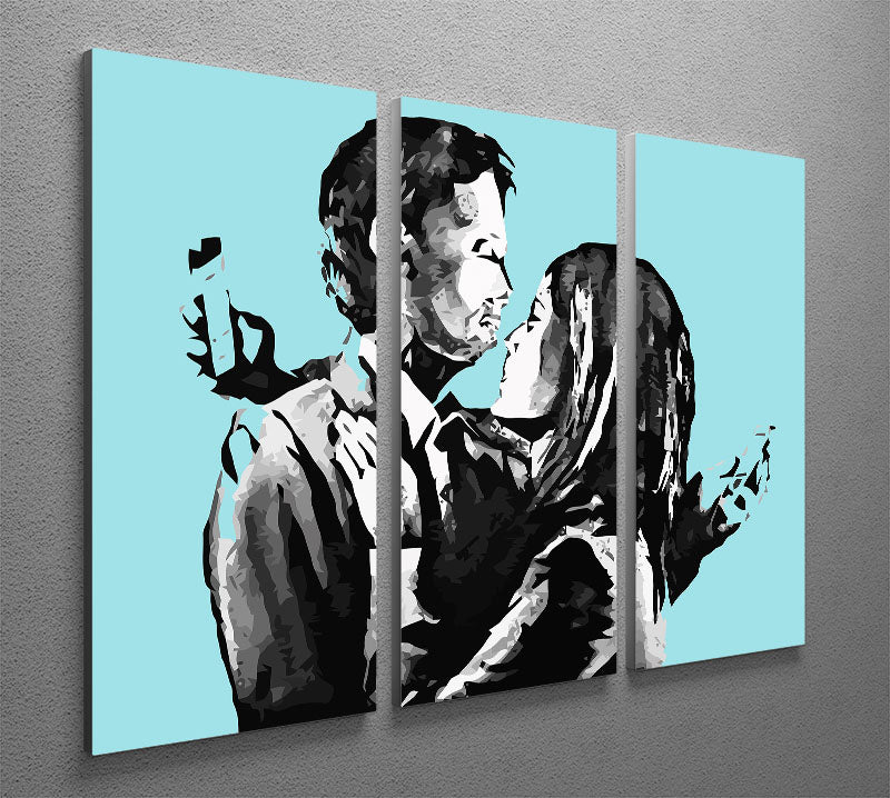 Banksy Mobile Lovers Light Blue 3 Split Panel Canvas Print - Canvas Art Rocks - 2