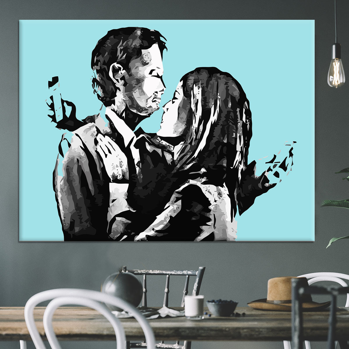 Banksy Mobile Lovers Light Blue Canvas Print or Poster - Canvas Art Rocks - 3