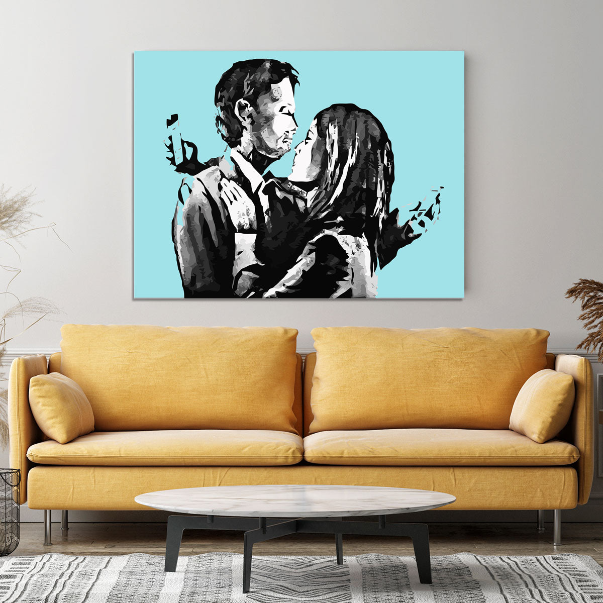 Banksy Mobile Lovers Light Blue Canvas Print or Poster - Canvas Art Rocks - 4