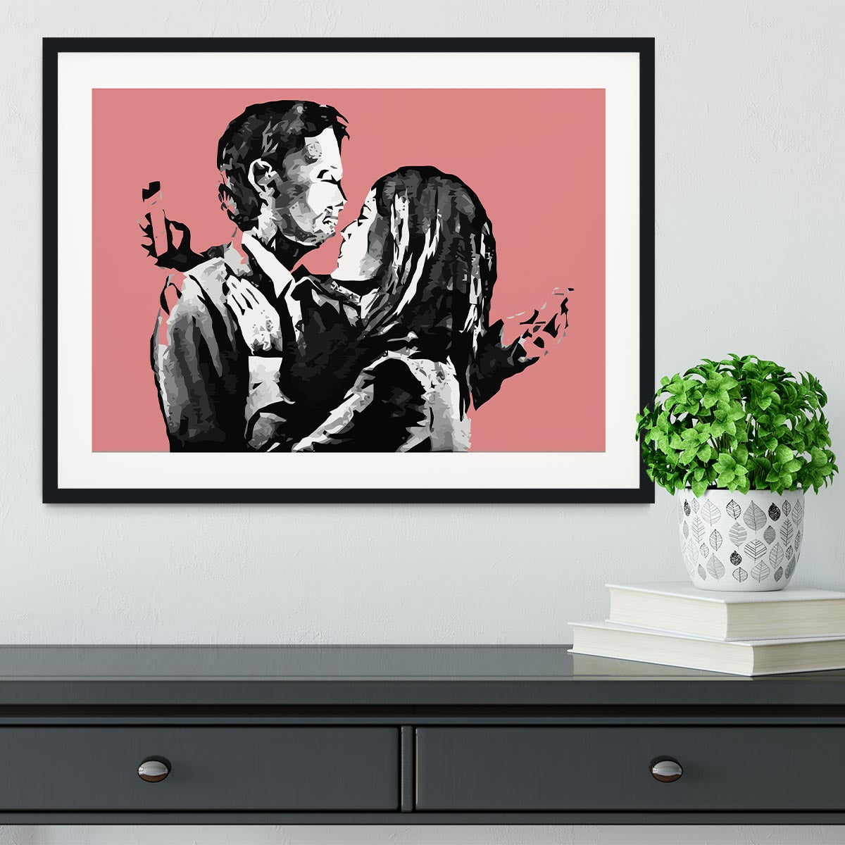 Banksy Mobile Lovers Red Framed Print - Canvas Art Rocks - 1